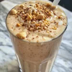 Side view of a delicious peanut butter smoothie topped with ice.
