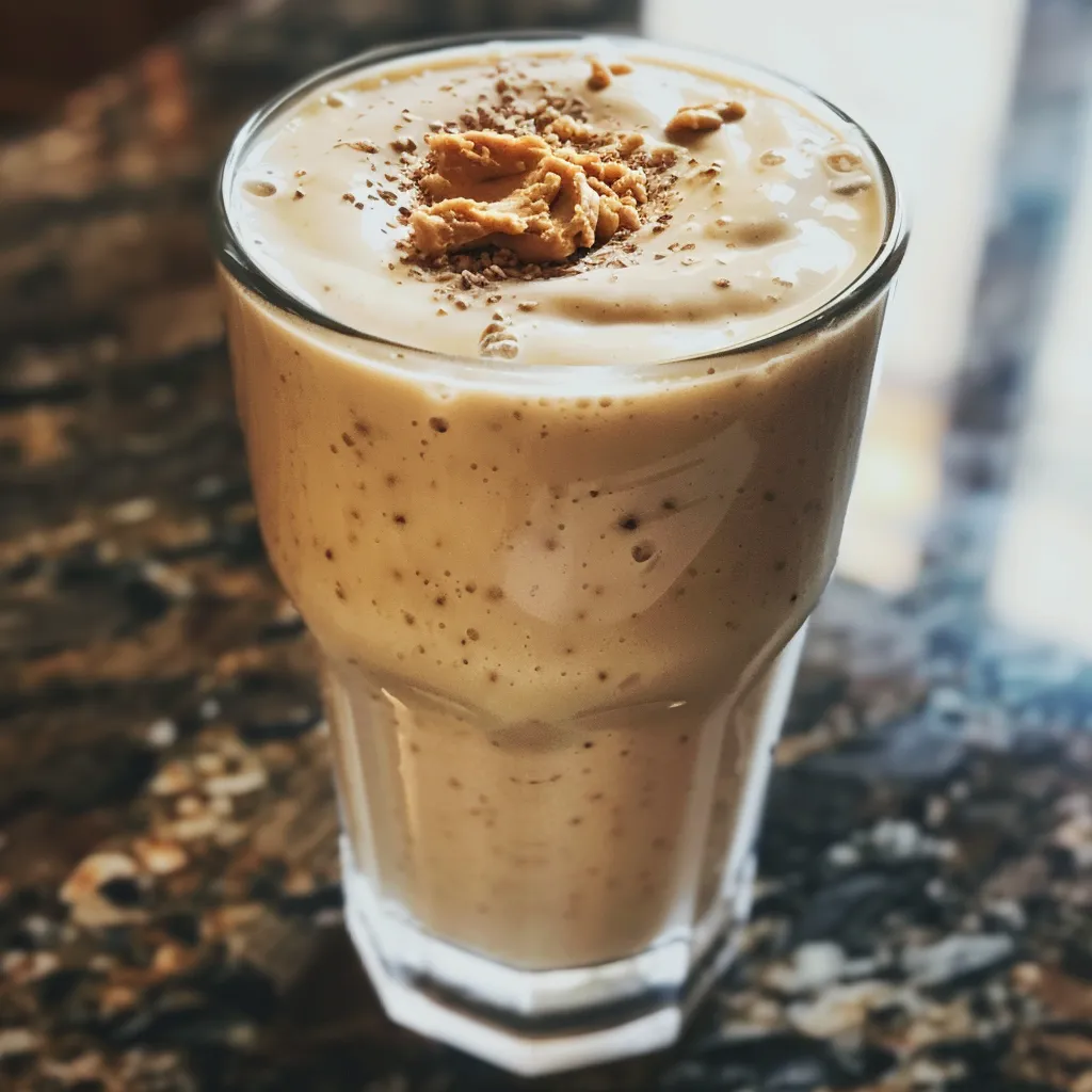 Rich peanut butter smoothie in a glass, highlighting its creamy texture.