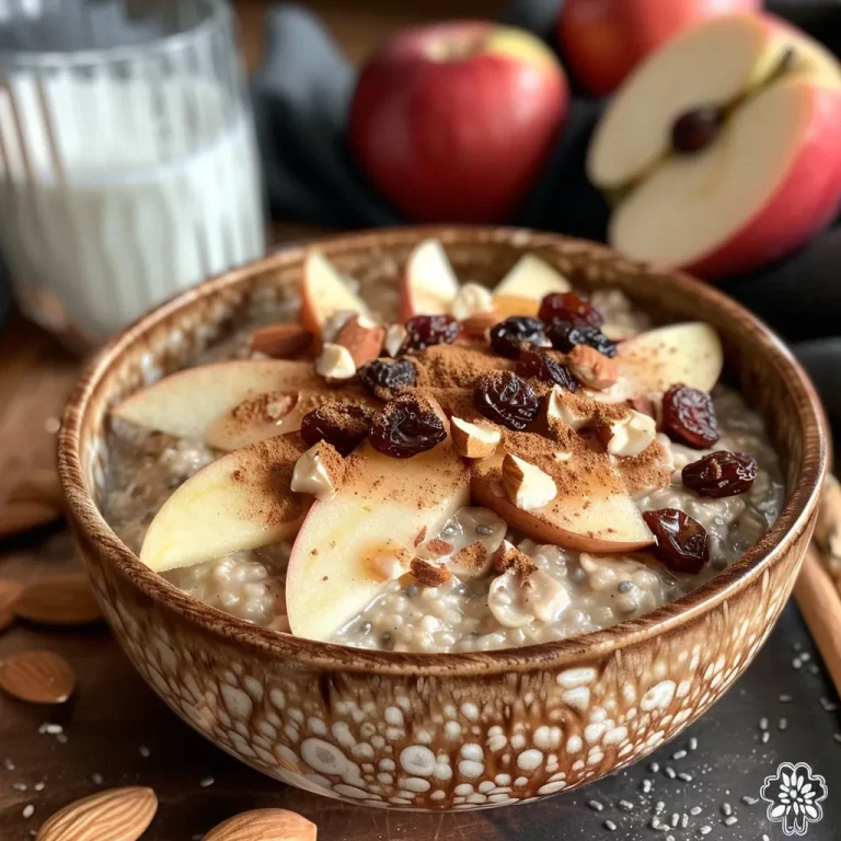 Delicious-looking overnight oats featuring diced apple, chia seeds, and a sprinkle of cinnamon.