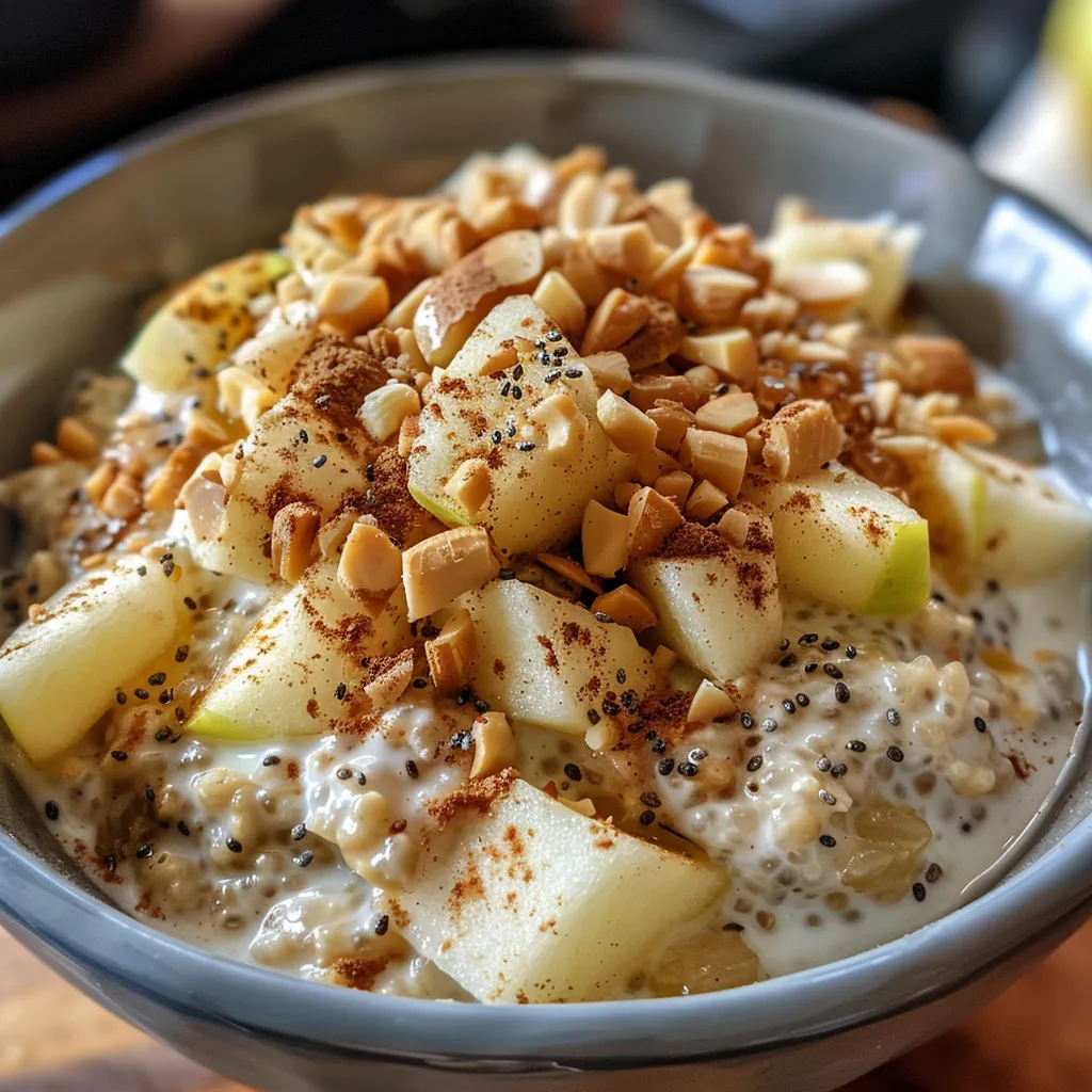 Bowl of Quick Apple Cinnamon Overnight Oats with a textured mixture of oats, apples, and raisins.
