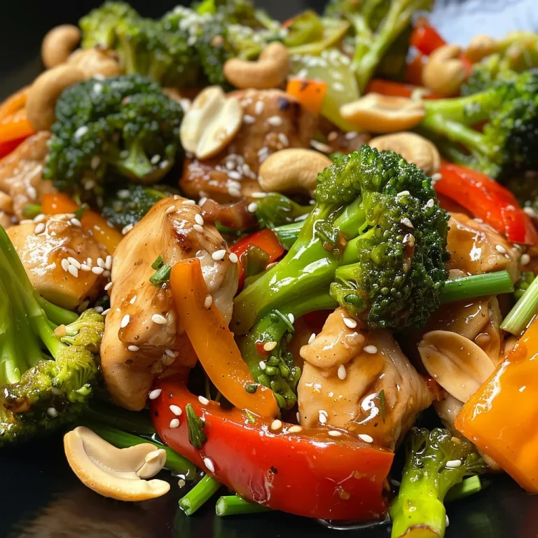 Colorful chicken stir-fry with cashews, garlic, and fresh vegetables.