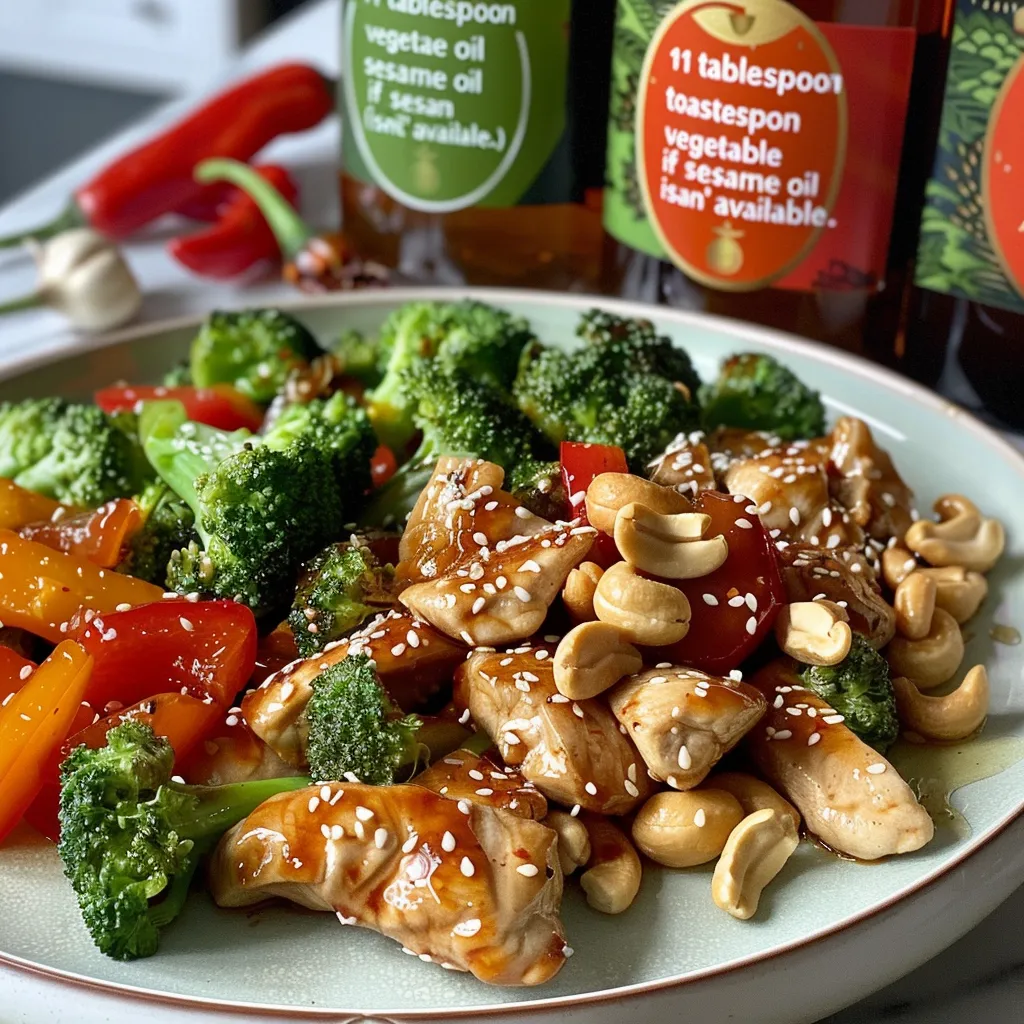 Appetizing close-up of stir-fried chicken with a glossy sauce.