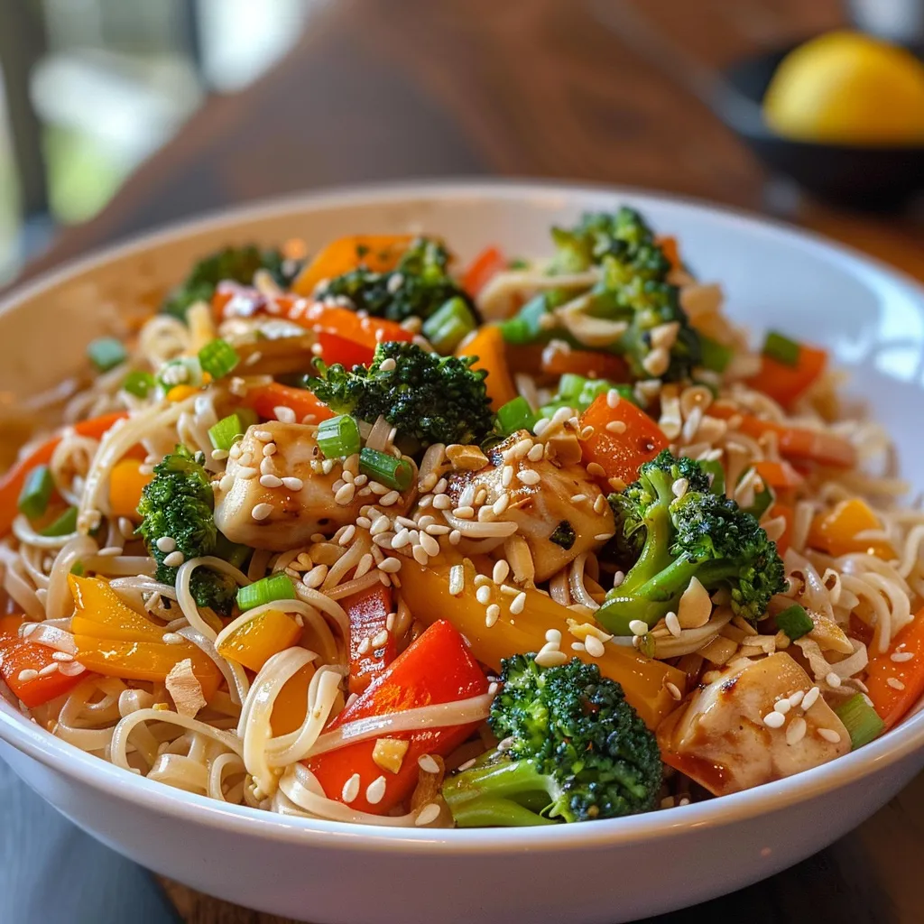 An appetizing presentation of rice noodle stir-fry, highlighting the glossy textures of the noodles and fresh ingredients.