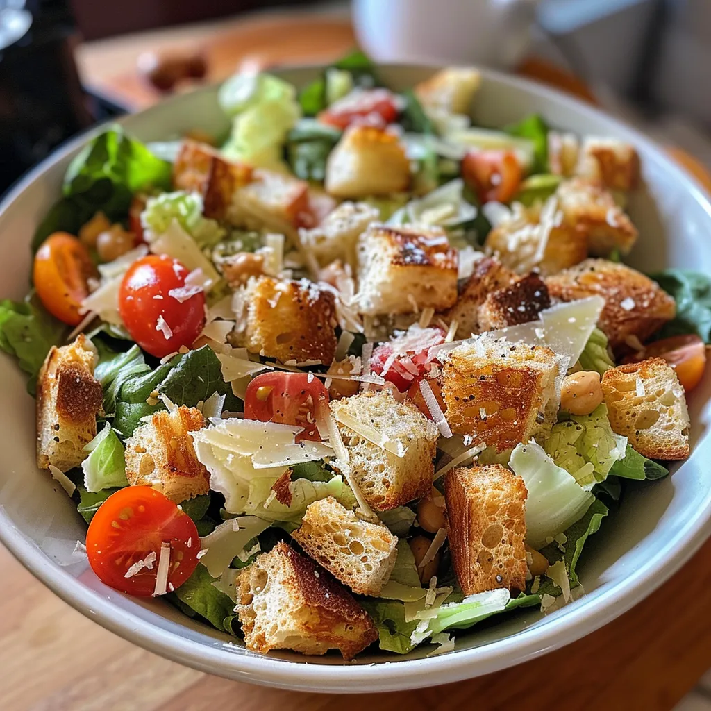 Detailed image of a Romaine Caesar Bowl filled with chopped romaine, croutons, and a sprinkle of Parmesan.