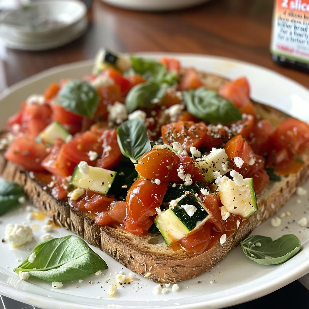 Savory toast featuring fresh spinach, zucchini, and cherry tomatoes.