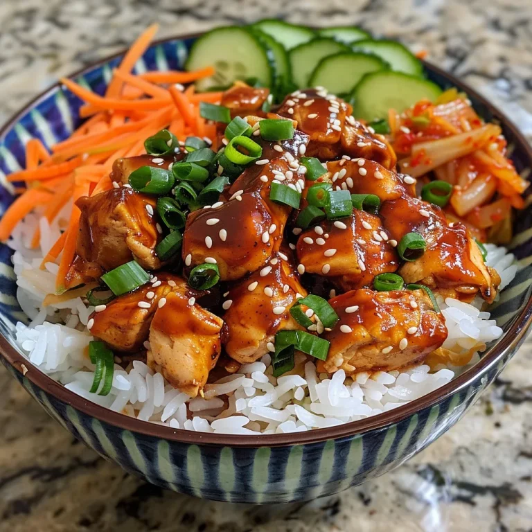 Side view of a vibrant Korean BBQ chicken bowl with sliced cucumbers, carrots, and edamame.
