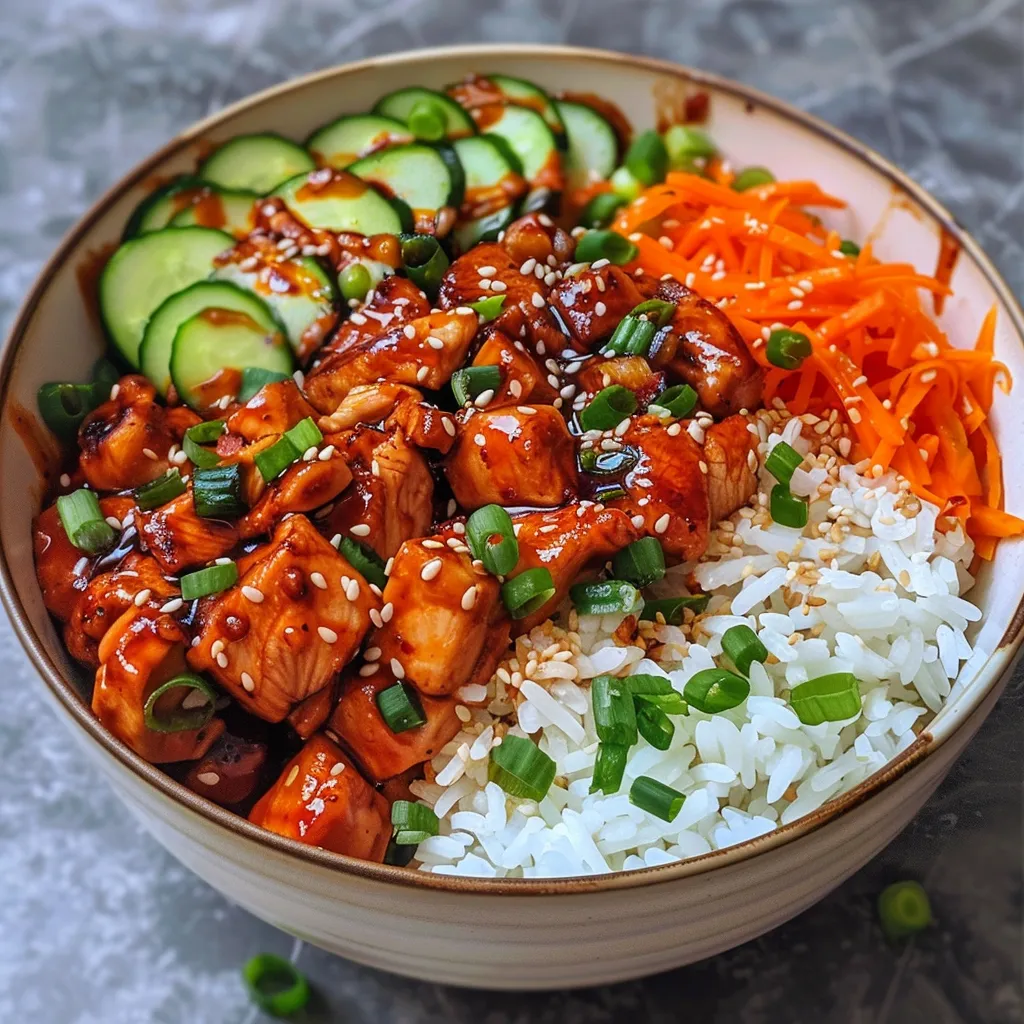 A mouth-watering Korean BBQ chicken bowl, highlighting chicken pieces, rice, and toppings like kimchi and green onions.