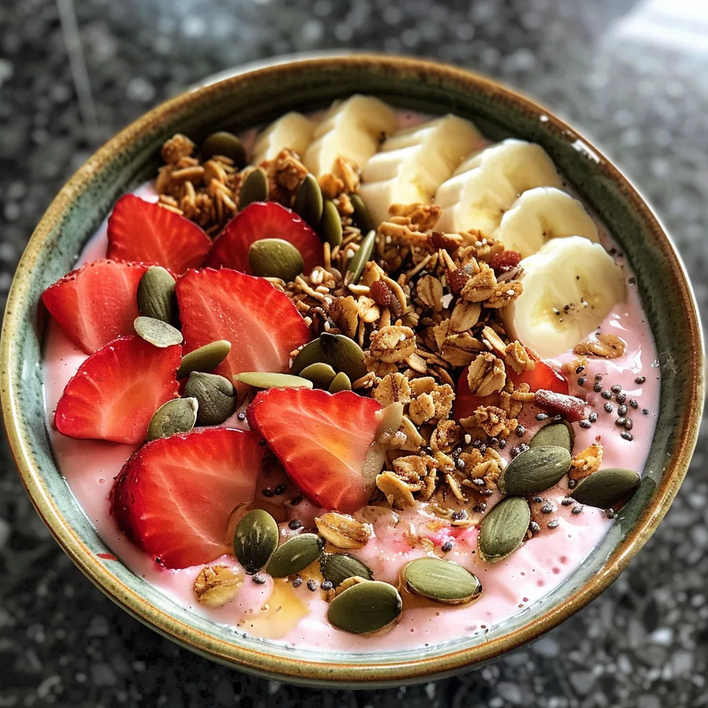 Detailed shot of a smoothie bowl with granola, banana slices, and pumpkin seeds.