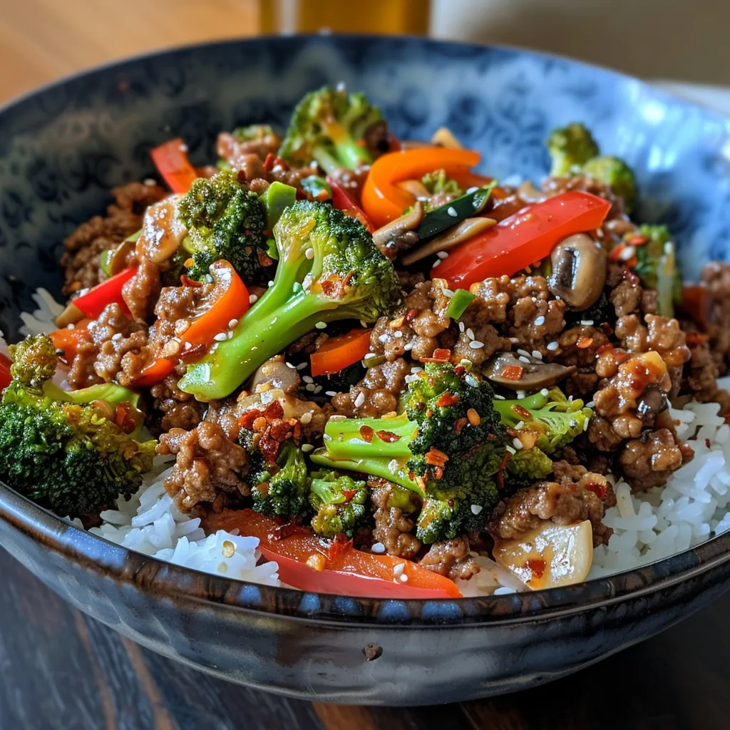 Juicy ground beef stir-fry presented in a bowl with an assortment of fresh vegetables and rice.