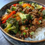 A mouthwatering stir-fry dish with ground beef, garlic veggies, and white rice, captured in detail.