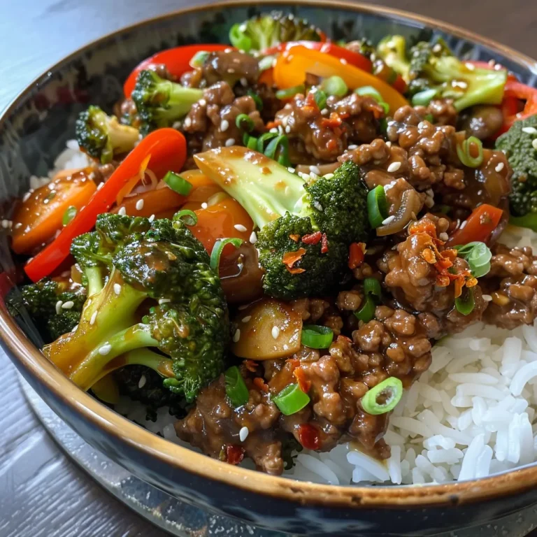 A mouthwatering stir-fry dish with ground beef, garlic veggies, and white rice, captured in detail.