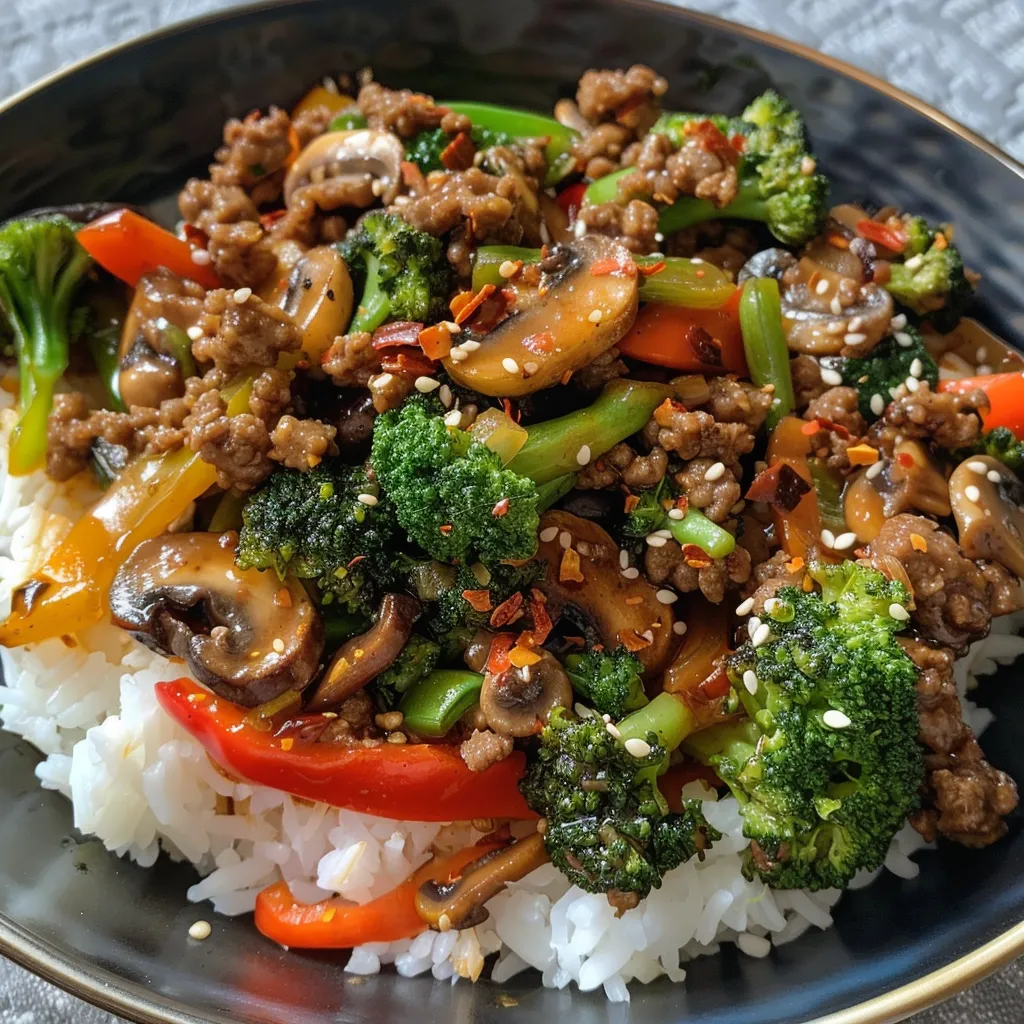 Juicy ground beef stir-fry with bright broccoli, red bell pepper, and zucchini on a bed of rice.