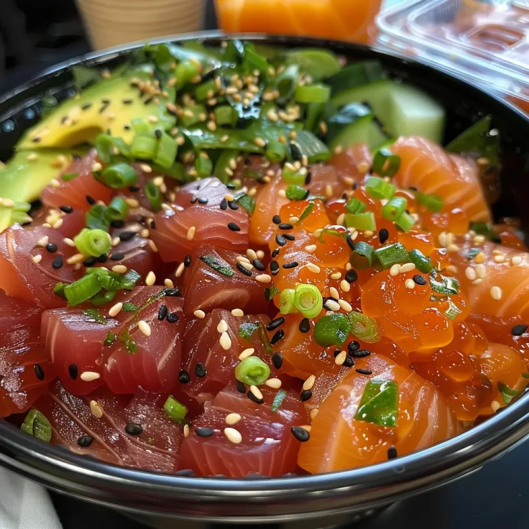 A side view of a colorful Spicy Tuna Poke Bowl with diced tuna, avocado, and sesame seeds.