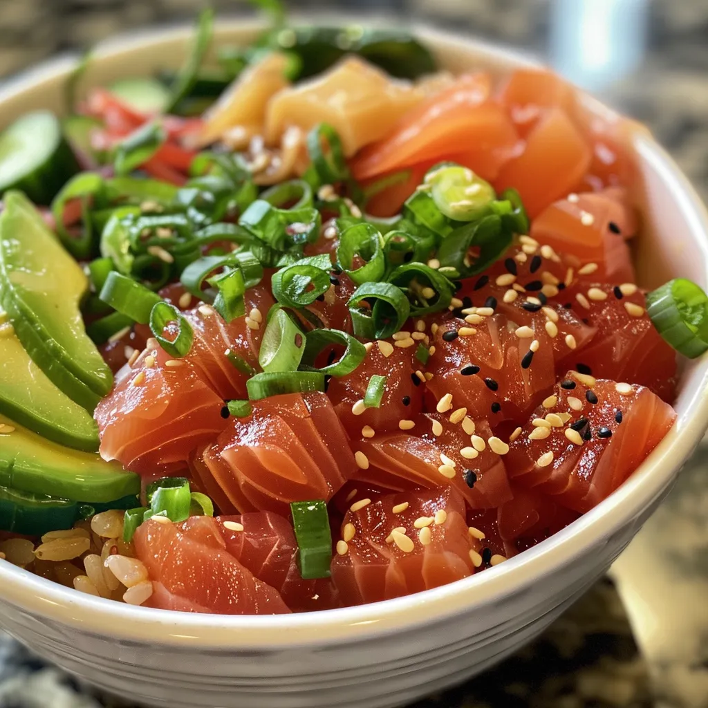 A detailed close-up of a Spicy Tuna Poke Bowl featuring colorful toppings and a glossy finish.