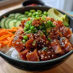A side shot of a rice bowl showcasing spicy tuna, avocado, and garnishes.