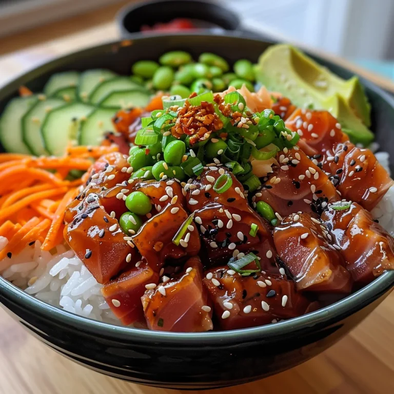 A side shot of a rice bowl showcasing spicy tuna, avocado, and garnishes.