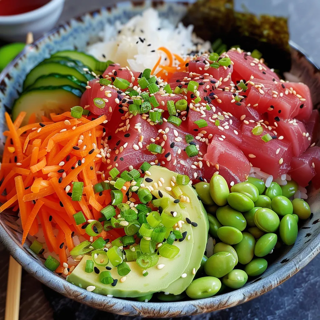 Close-up image of a flavorful spicy tuna rice bowl with fresh toppings.