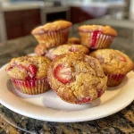 Freshly baked strawberry banana muffins showcasing a blend of red strawberries and yellow banana.