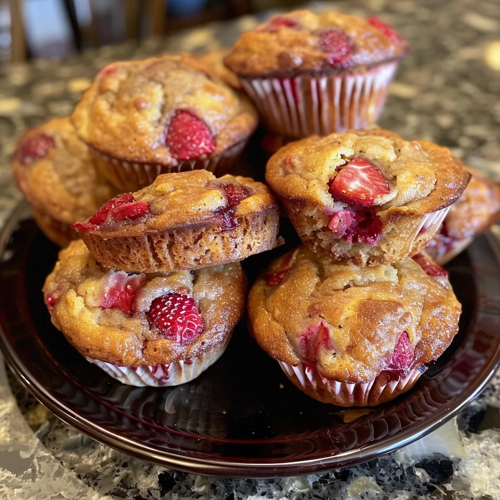 Detailed side view of bakery-style strawberry banana muffins with a soft texture.