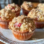 Juicy strawberry muffins with a buttery crust, with some strawberries peeking through the top.