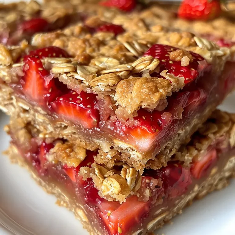 Delicious strawberry oat bars with vibrant red fruit peeking from the top.