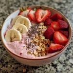 Colorful strawberry smoothie bowl filled with frosty pink blend and decorated with fruit slices.