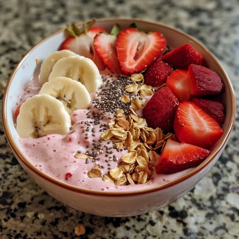 Colorful strawberry smoothie bowl filled with frosty pink blend and decorated with fruit slices.