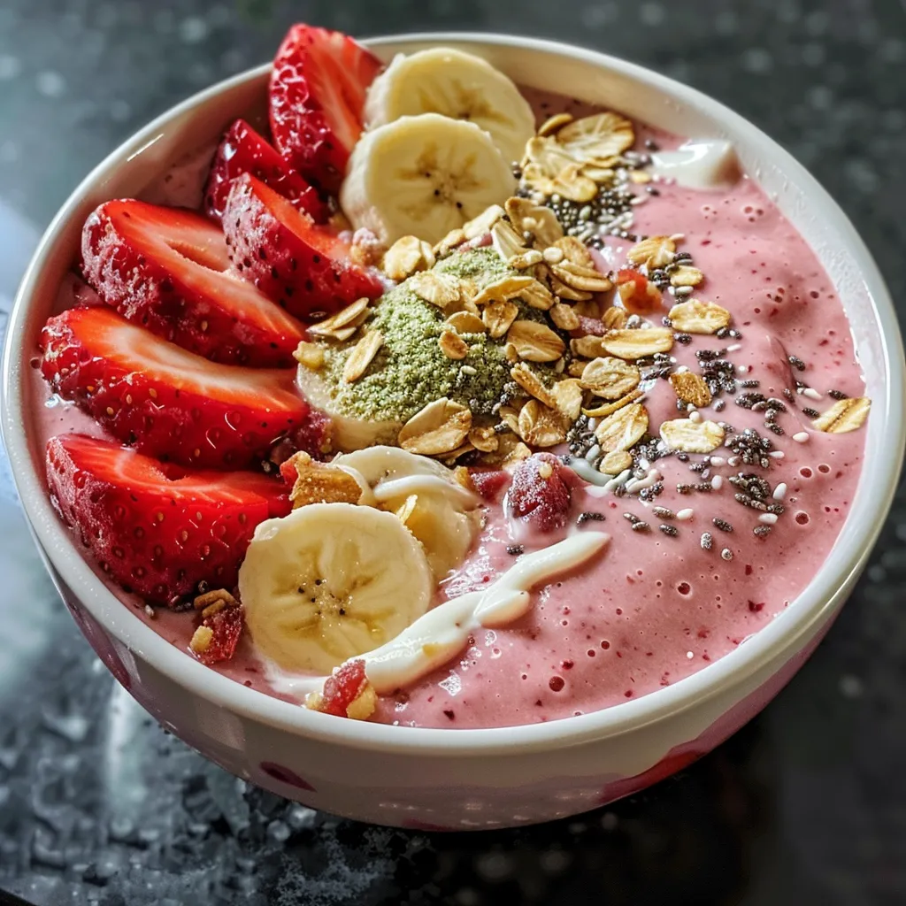 Detailed image of a strawberry smoothie bowl featuring a smooth texture and appealing toppings.