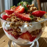 Juicy Strawberry Yogurt Parfait in a clear glass, showcasing layers of yogurt and granola.