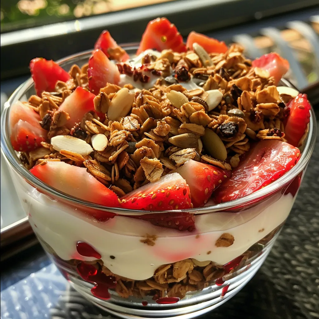 A delicious parfait featuring vanilla yogurt, sliced strawberries, and a sprinkle of granola.