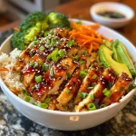 Juicy Teriyaki chicken served over rice with broccoli in a detailed close-up shot.