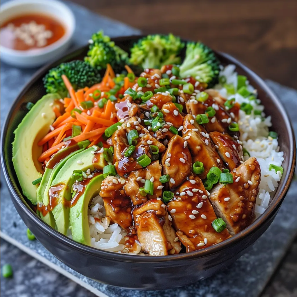 A delicious bowl of Teriyaki Chicken garnished with vegetables and sauces, taken with an iPhone 15 Pro.