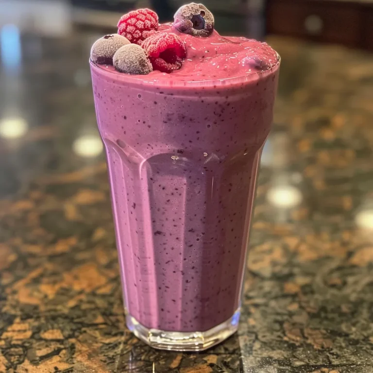 Side view of a creamy triple berry smoothie with visible fruit textures.