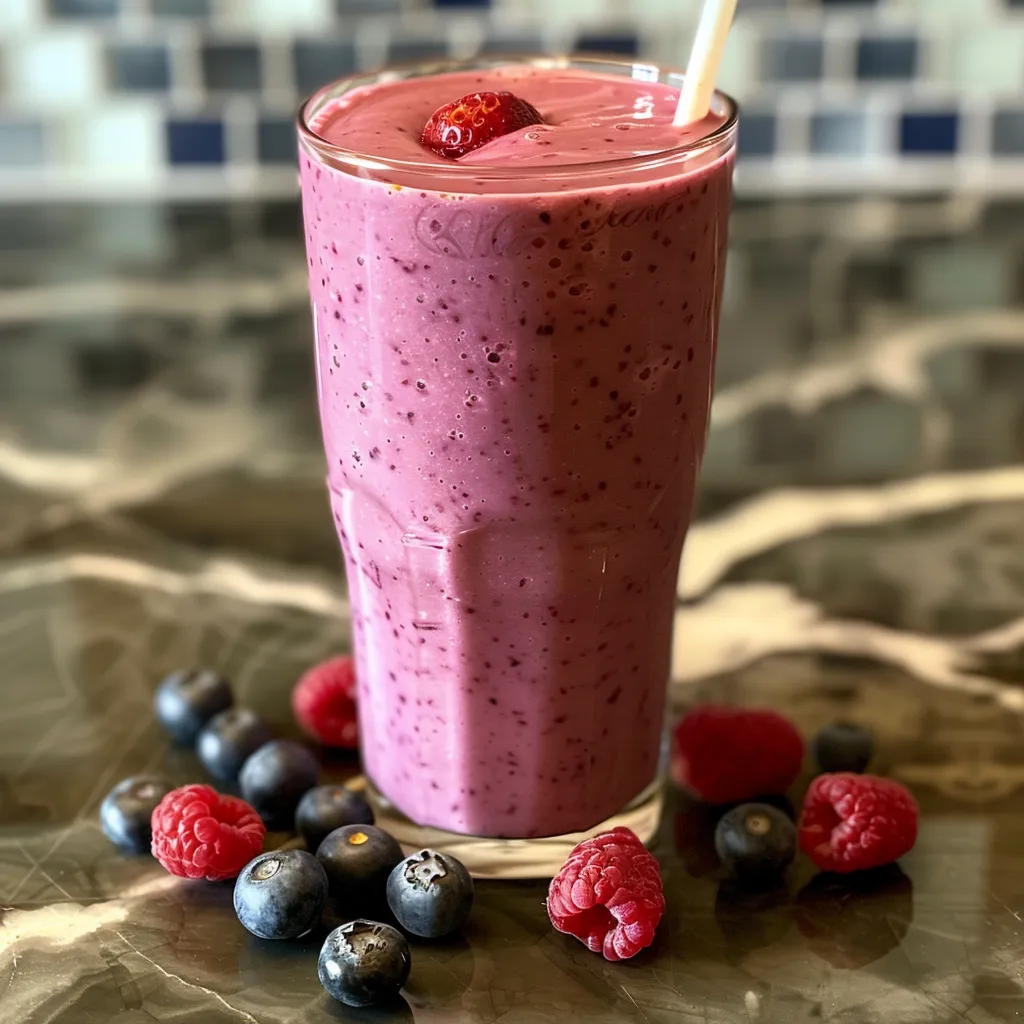 Refreshing protein smoothie showcasing blueberries, raspberries, and strawberries.