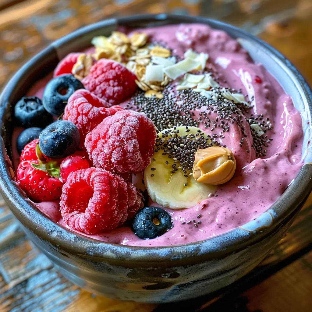 A delicious breakfast bowl featuring a blend of vanilla and berries, adorned with coconut flakes and chia seeds.
