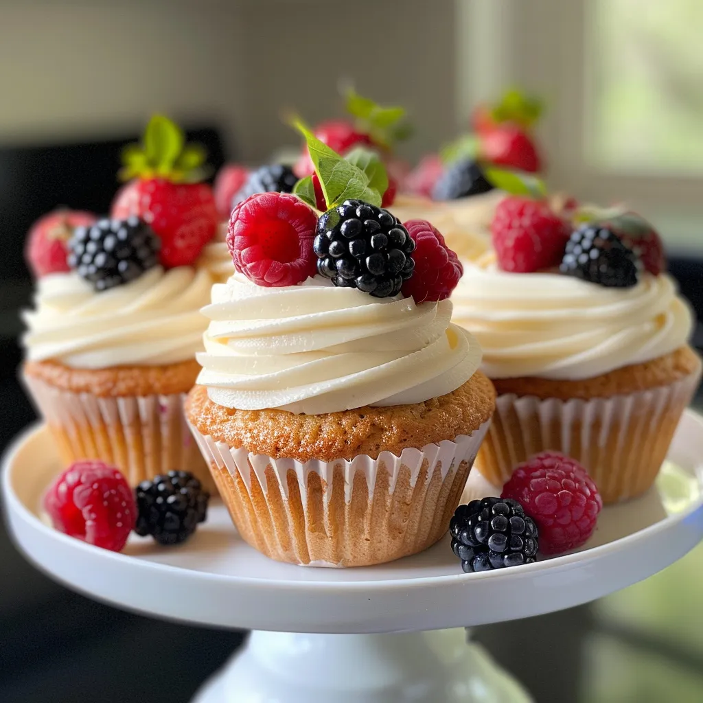 Detailed shot of delicious almond flour vanilla cupcakes, elegantly frosted and adorned with fresh fruit.
