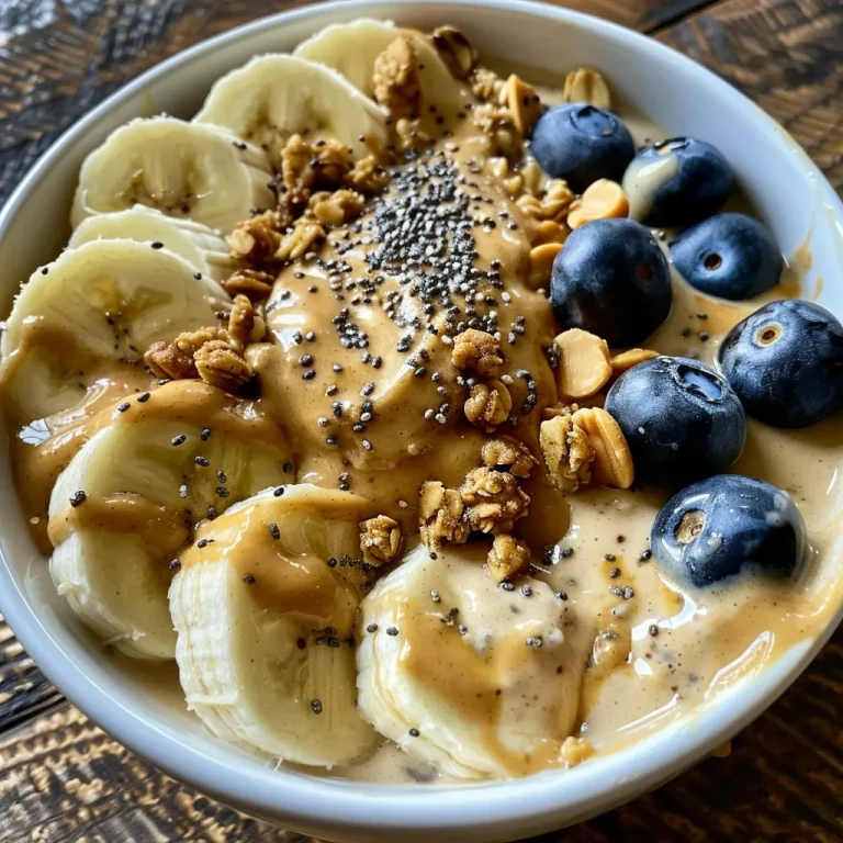 Juicy vegan peanut butter banana bowl filled with sliced bananas, granola, and drizzled peanut butter.