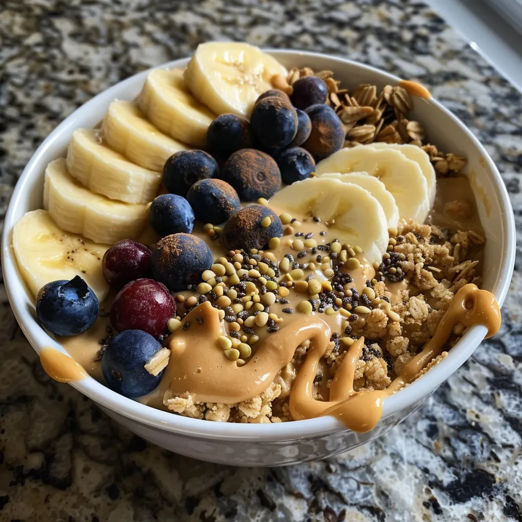 Close view of a protein bowl featuring frozen banana slices, mixed berries, and cacao nibs.
