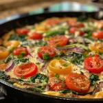 Side view of a slice of frittata packed with diced vegetables and melted cheese.
