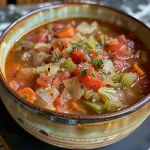 A delicious serving of Weight Watchers Cabbage Soup with visible chunks of carrots and celery, garnished with parsley.