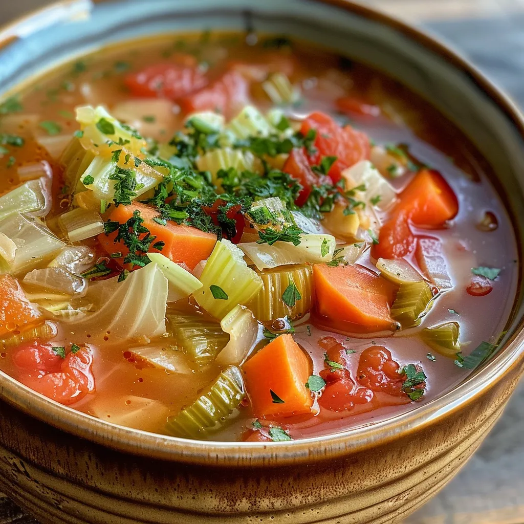 Close-up image of a nutritious cabbage soup filled with fresh ingredients in a stylish bowl, captured with an iPhone 15 Pro.