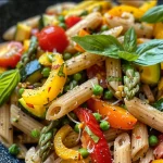 Side view of a delicious serving of whole wheat pasta primavera garnished with basil.