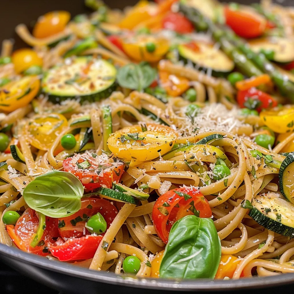 Juicy whole wheat pasta primavera with a variety of fresh vegetables and herbs.