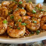 Close-up of succulent honey garlic shrimp garnished with green onions and sesame seeds.