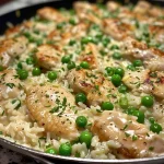 Close-up of a creamy chicken and rice skillet with vibrant peas and garnished with parsley.