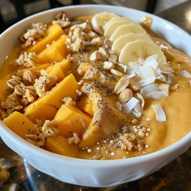 Energizing Peach Mango Protein Smoothie Bowl for a Vibrant Start A close-up side view of a Peach Mango Protein Smoothie Bowl topped with granola and coconut.