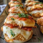 Close-up of juicy Chicken Parmesan Sliders stacked on a platter.