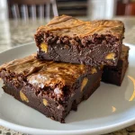 A close-up side view of a rich, fudgy peanut butter brownie with a glossy top and visible chocolate chunks.