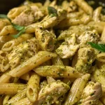 Close-up view of creamy pesto chicken pasta with vibrant basil and spinach.