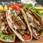 Close-up view of Chicken Shawarma Pita Pockets filled with lettuce, tomatoes, and creamy garlic sauce.